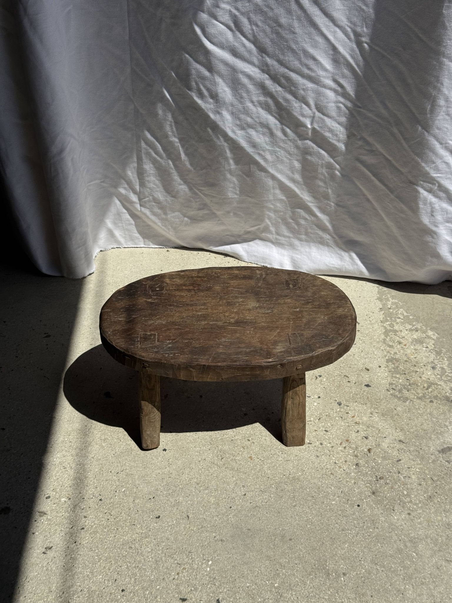 Small stool or small oval side table in solid teak wabi-sabi H24 53
