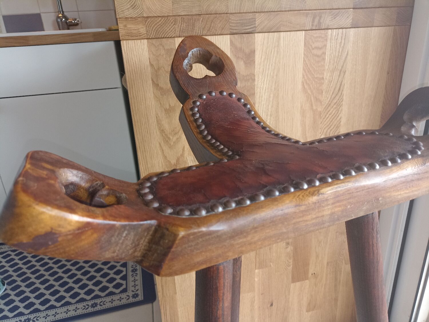 Brutalist bar stool wood and leather
