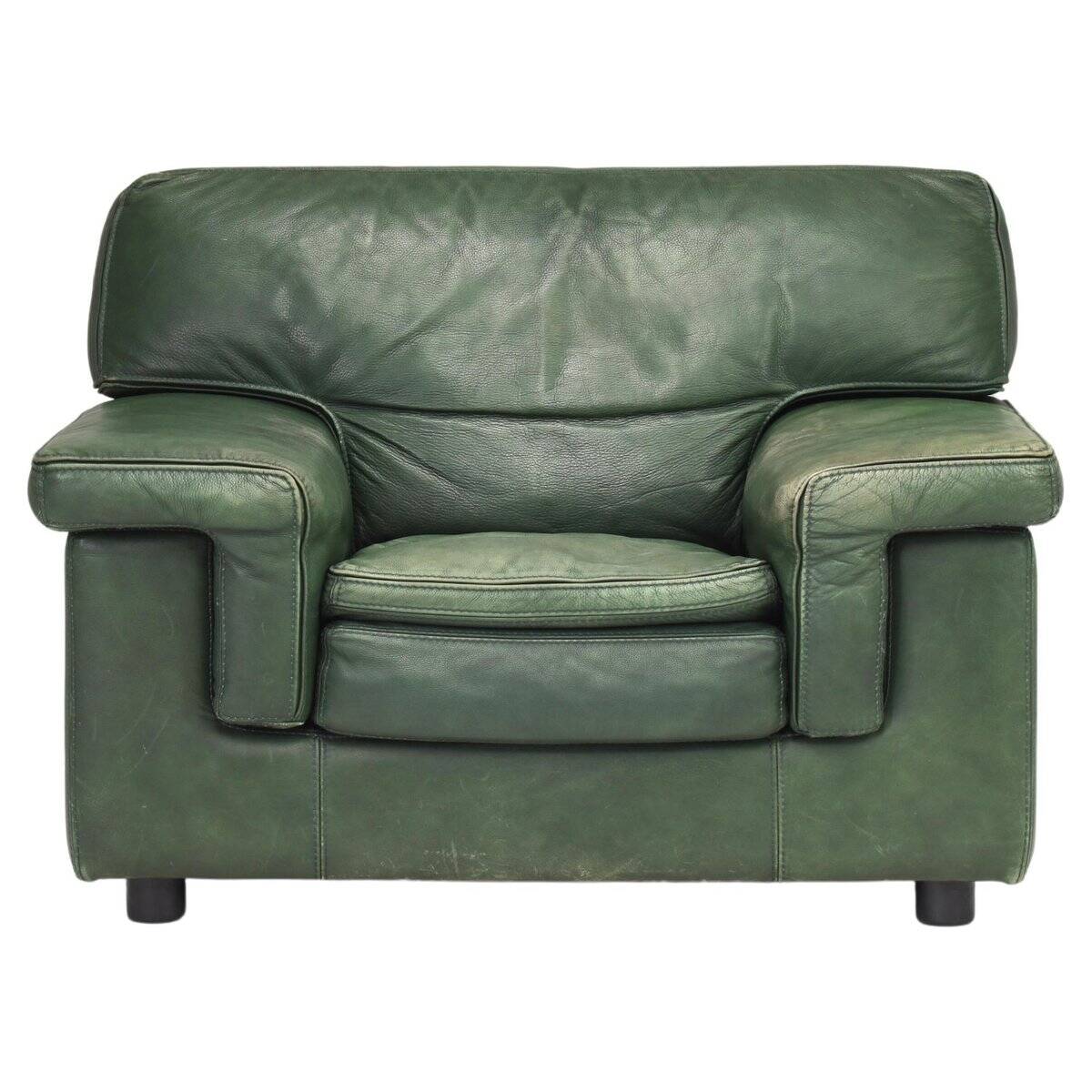 Roche Bobois lounge armchair in original green patinated leather, 1970
