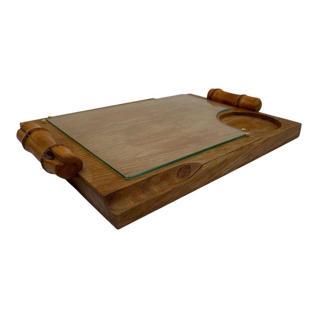 Wood and bamboo vintage plateau, glass, 1960