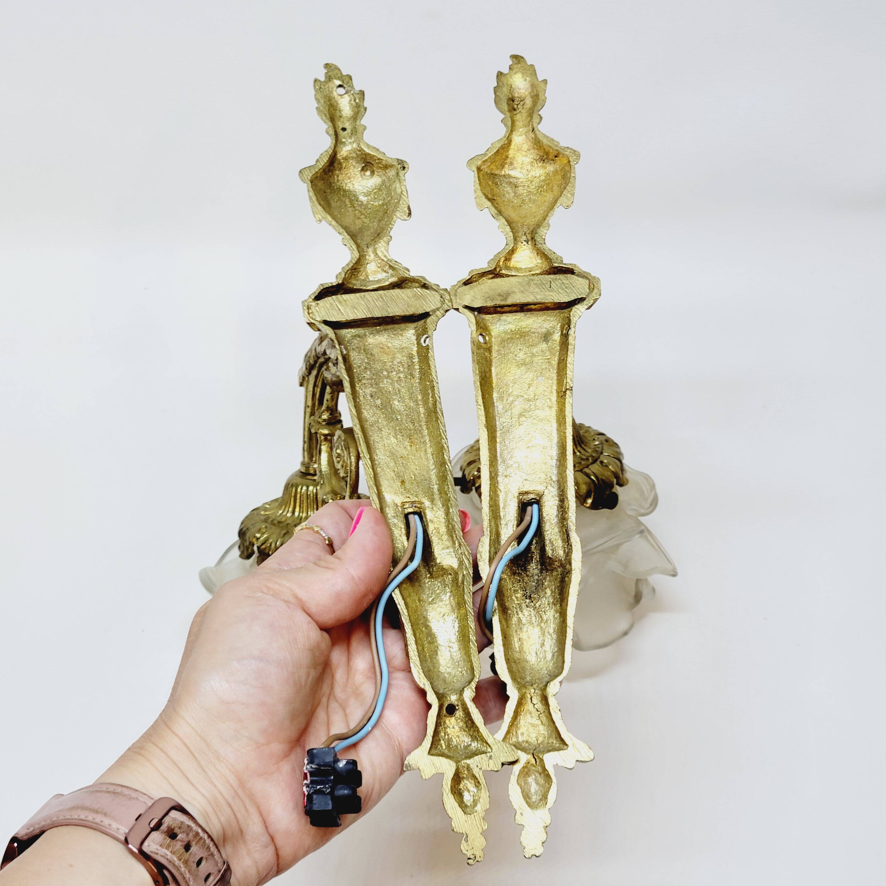 2 19th Century Gilt Bronze Wall Sconces with Molded Glass Globes in the Shape of