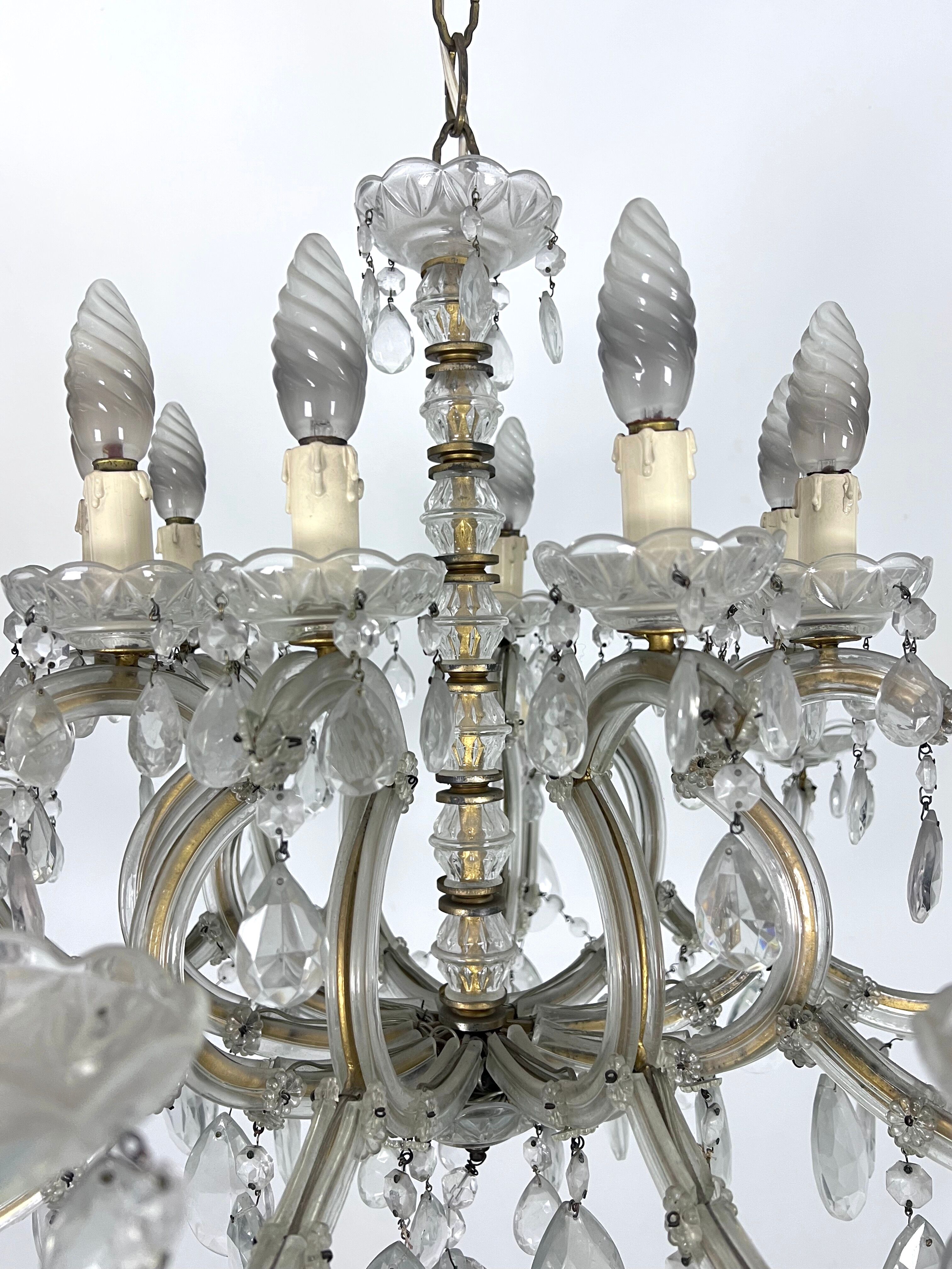Mid-Century Maria Teresa crystal and brass large chandelier. Italy 1940s