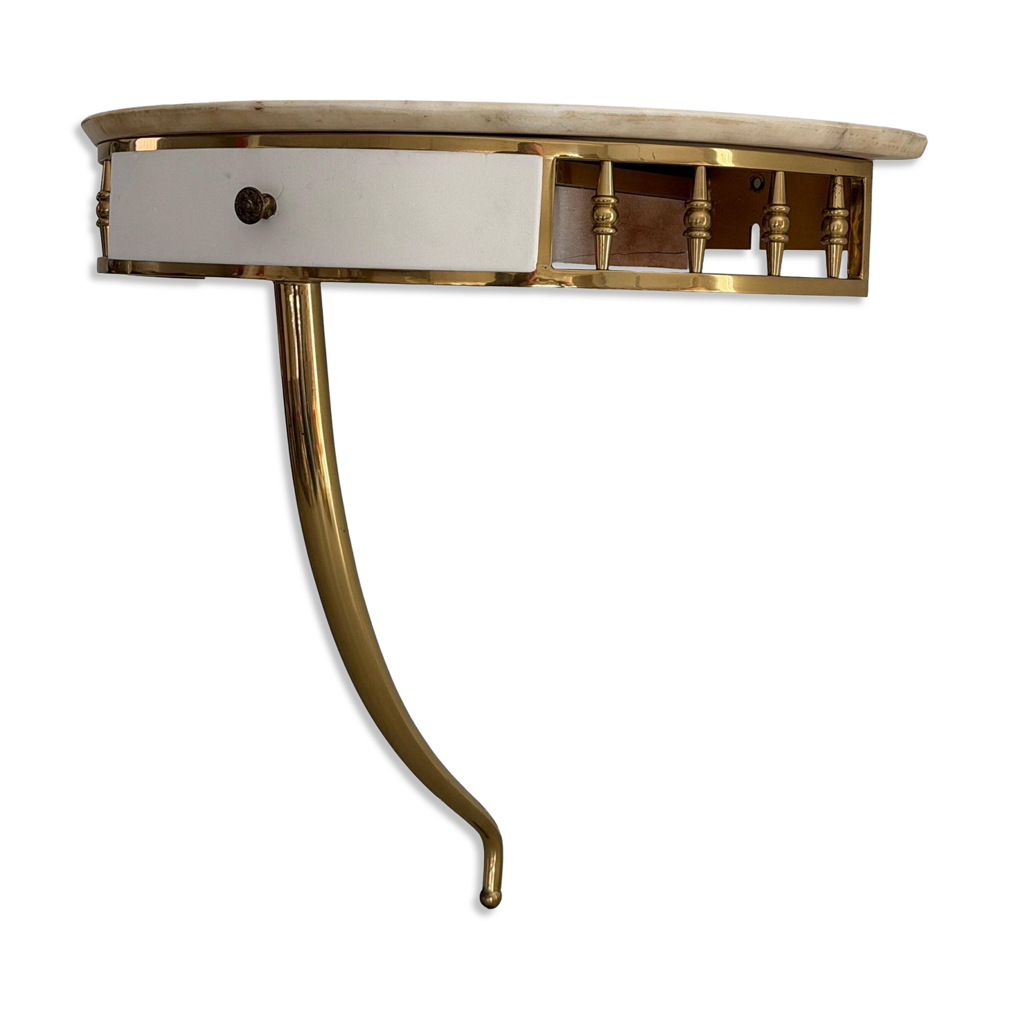 Floating wall console with drawer, brass body and marble top, 1960s, Italy