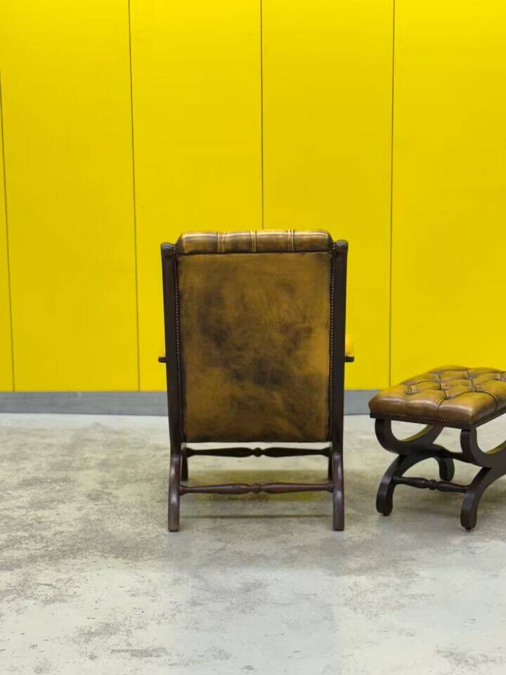 Original English Chesterfield Wingback Chair & Matching Footstool