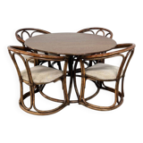 Round Oak Dining Table and Rattan Armchairs, Set of 5