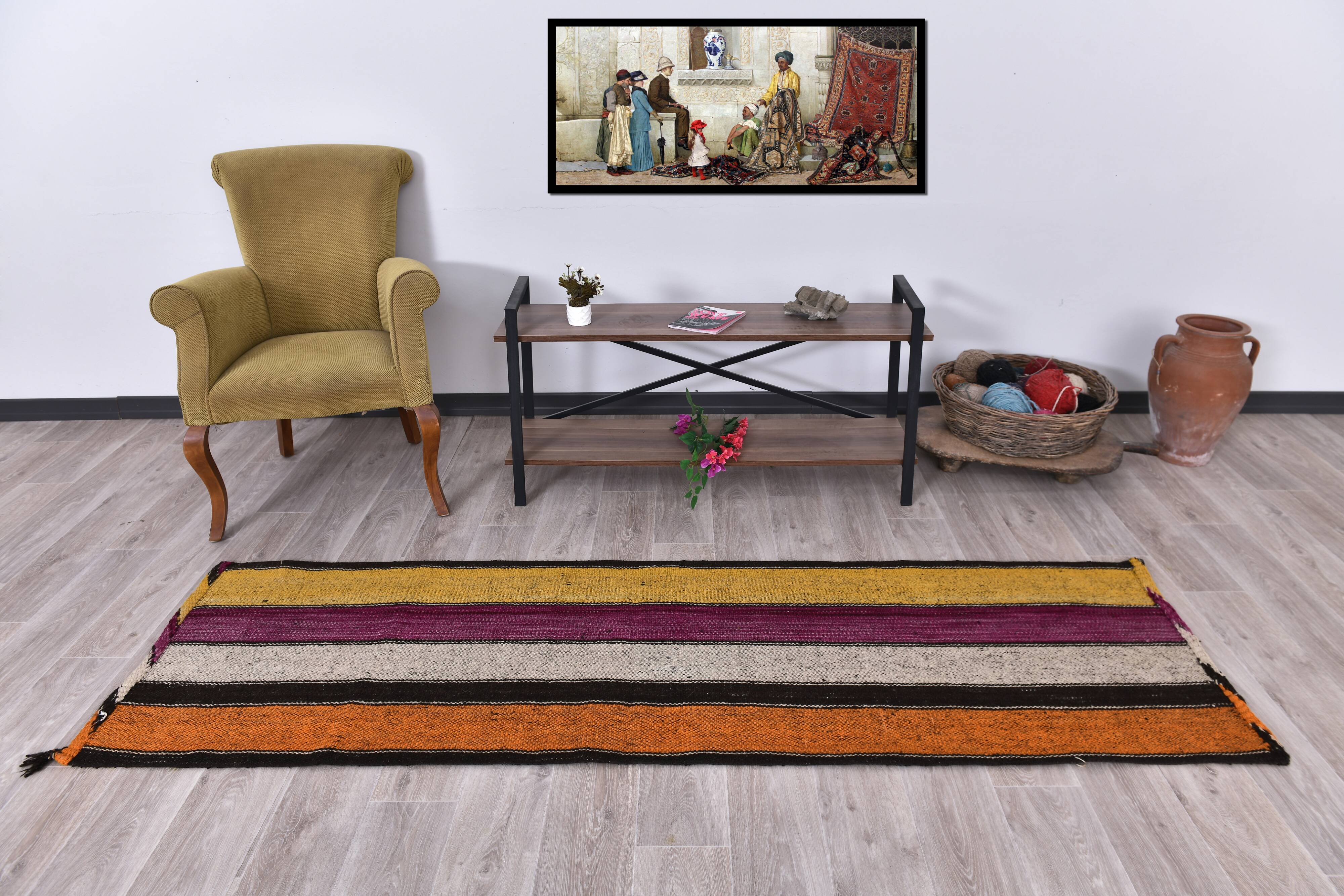 2x8 Purple Orange Kilim Runner Rug 71x24Cm