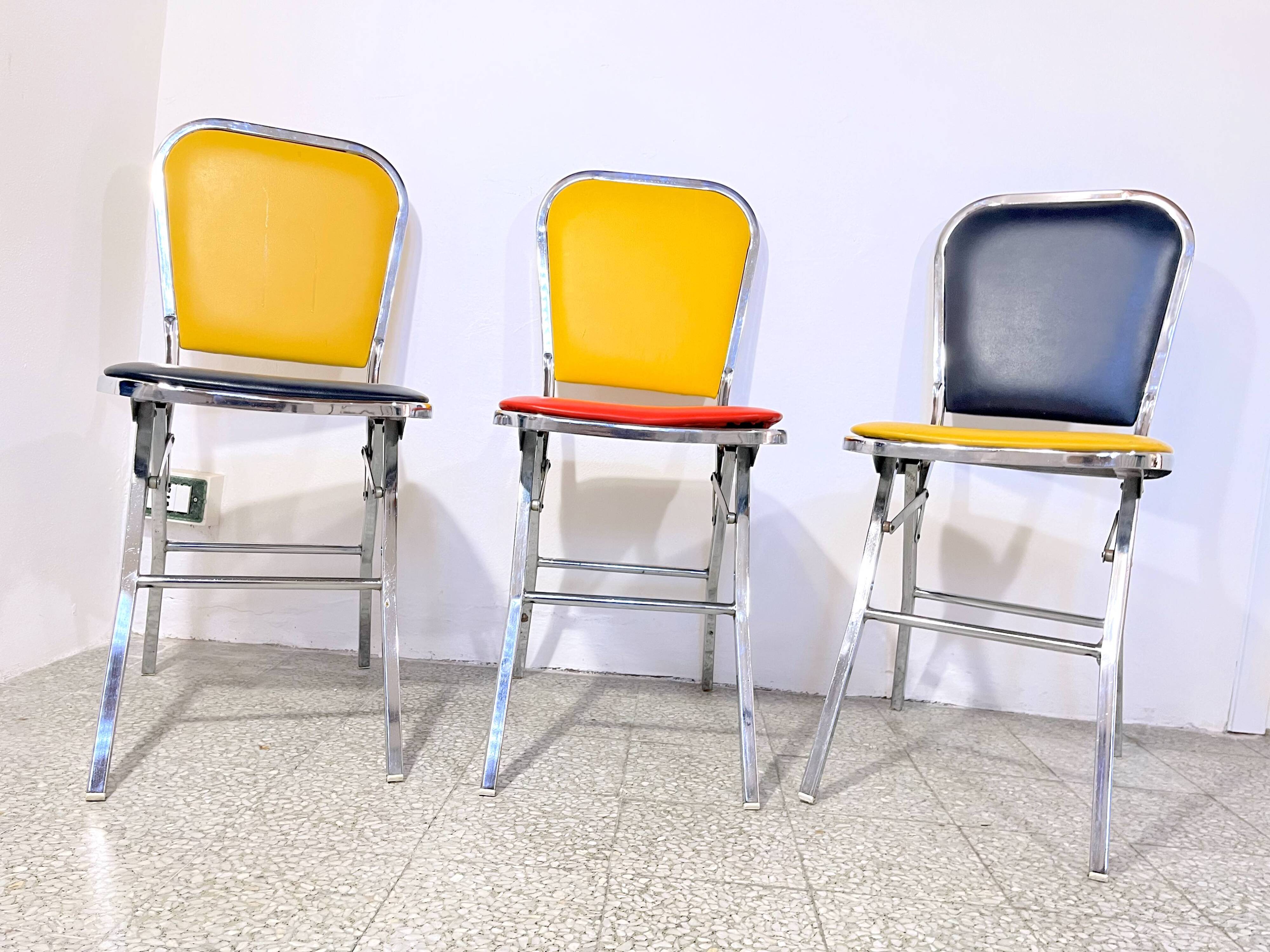 3 chrome & faux leather folding chairs, Elio Zema, Italy 1980s