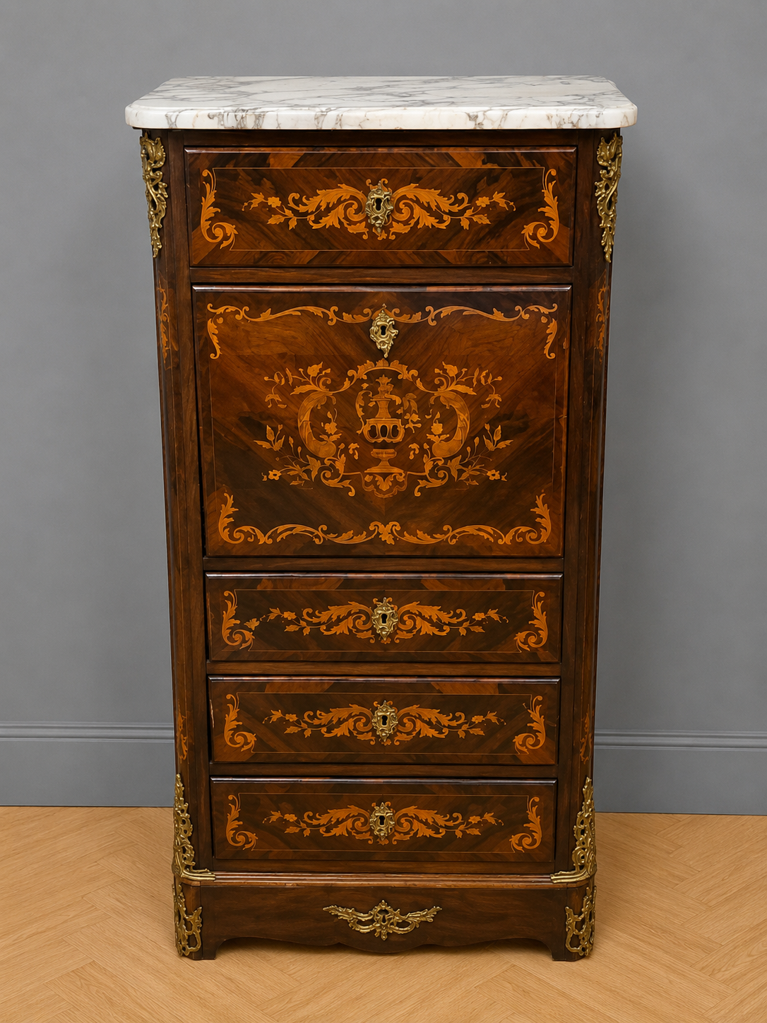 Secretary with a drop-leaf in precious marquetry wood in the Louis XV style.