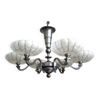 French art deco silver finish brass 6 light chandelier white clichy shades 4337