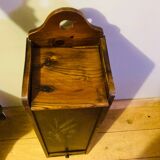 1980s solid wood bread bin decorated with a golden wheat sheaf