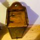 1980s solid wood bread bin decorated with a golden wheat sheaf