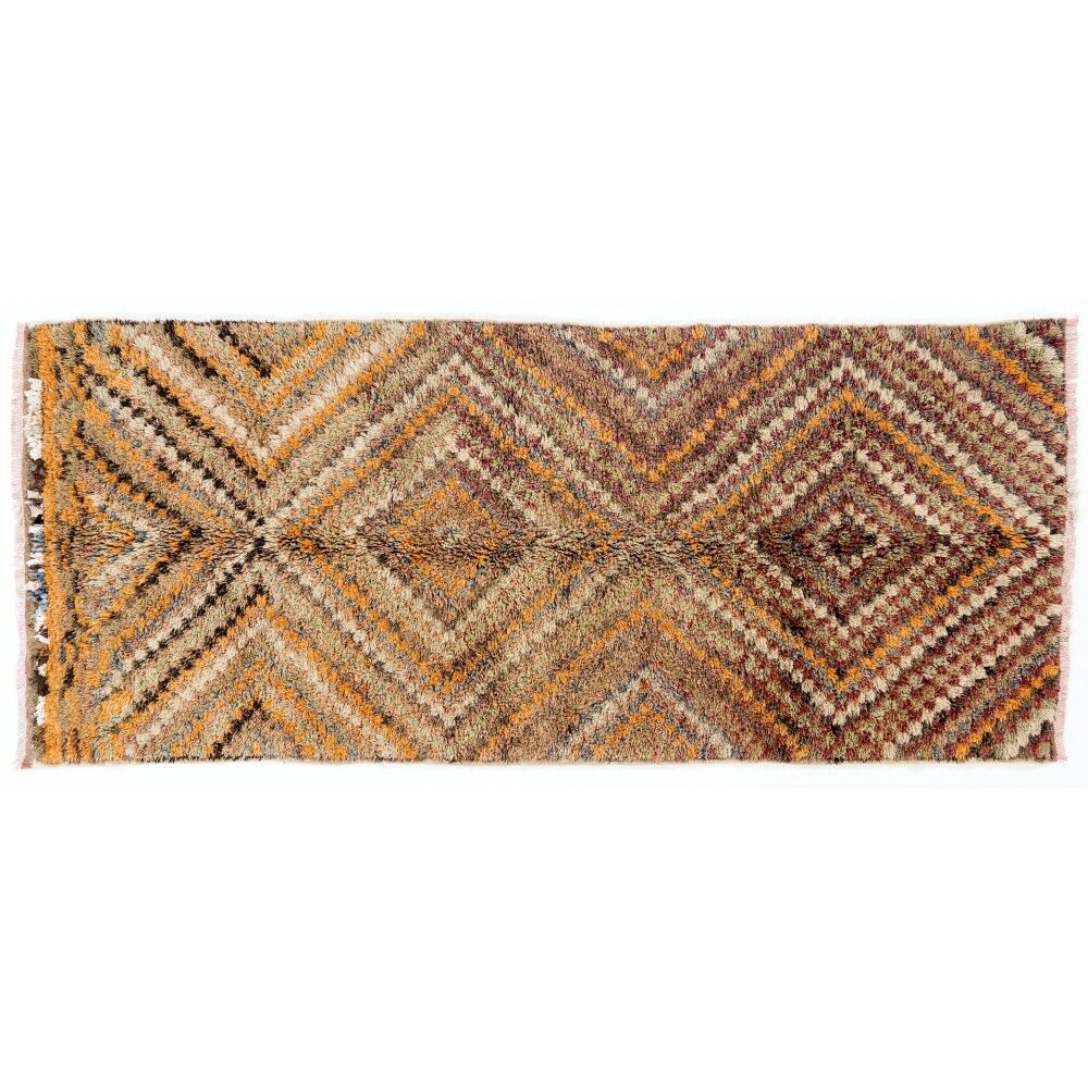 Vintage Hand-Knotted Tulu Runner Rug with Geometric Diamond Design in Brown, Orange and Earthy Tones, 100% Wool