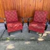 Pair of Art Deco burgundy armchairs in curved wood and fabric by Jindrich Halabala (1930s)