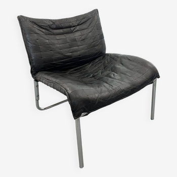 Vintage Mid-Century Scandinavian Modern Black Patchwork Leather Lounge Chair SET From IKEA, 1980s