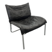 Vintage Mid-Century Scandinavian Modern Black Patchwork Leather Lounge Chair SET From IKEA, 1980s