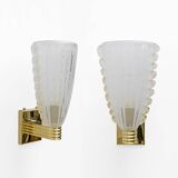 Attributed to Barovier & Toso Brass and "Reticello" Murano Glass Sconces