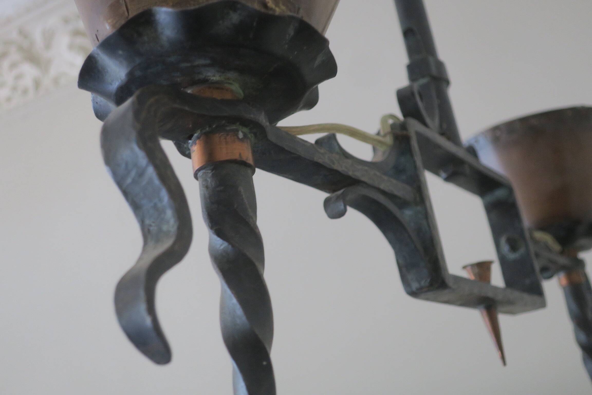 Brutalist wrought iron and copper 2-arm chandelier, 1960s