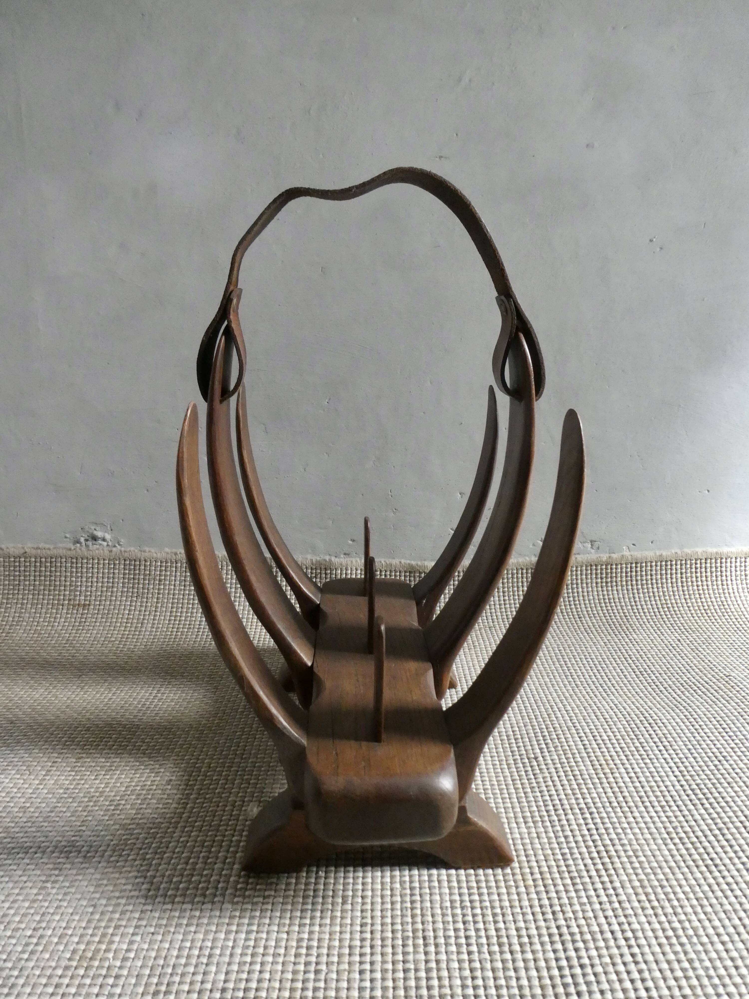 Oak and leather magazine rack, 60s-70s