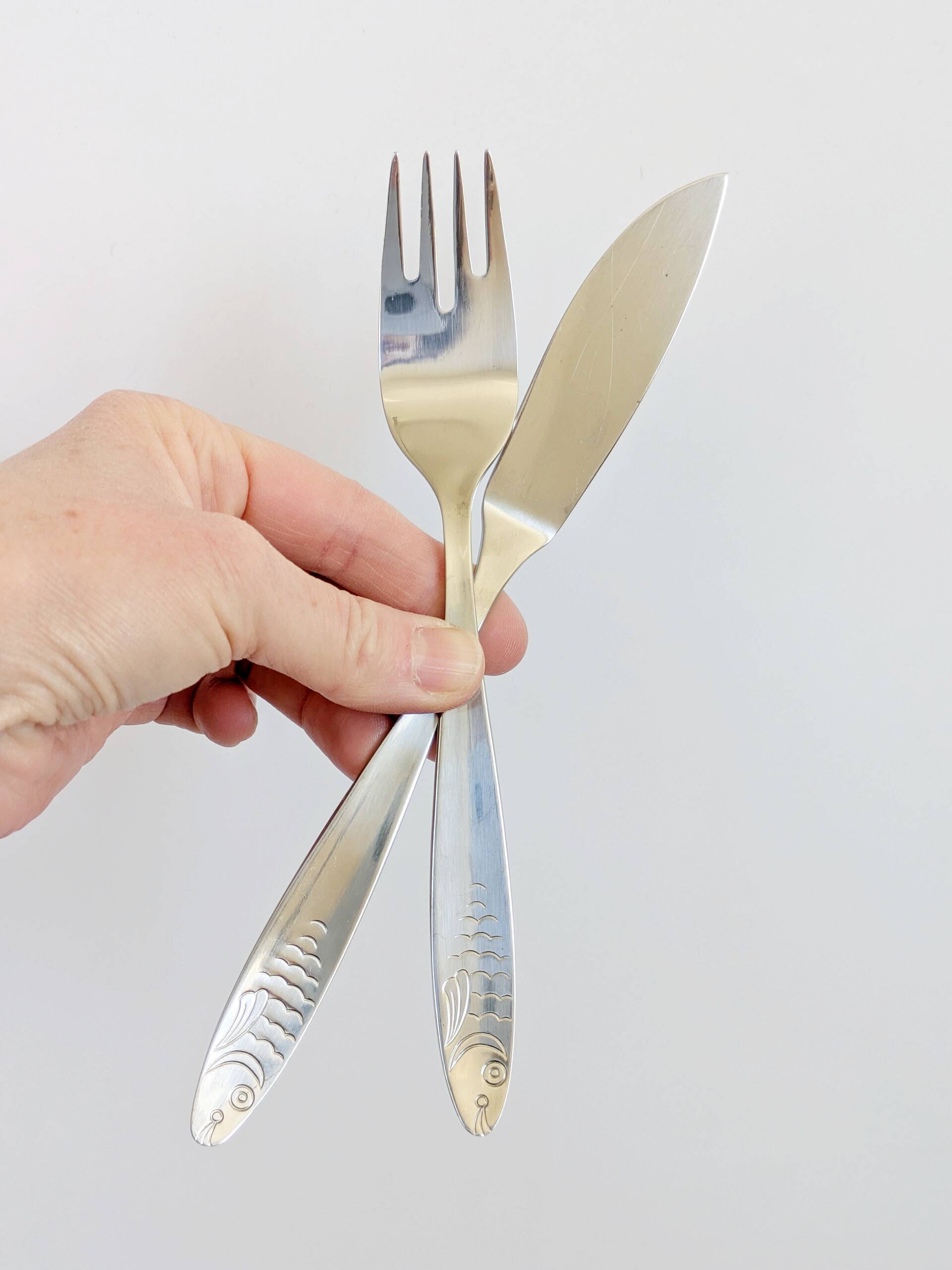 Service à poisson 12 pièces WMF inox avec coffret, années 60