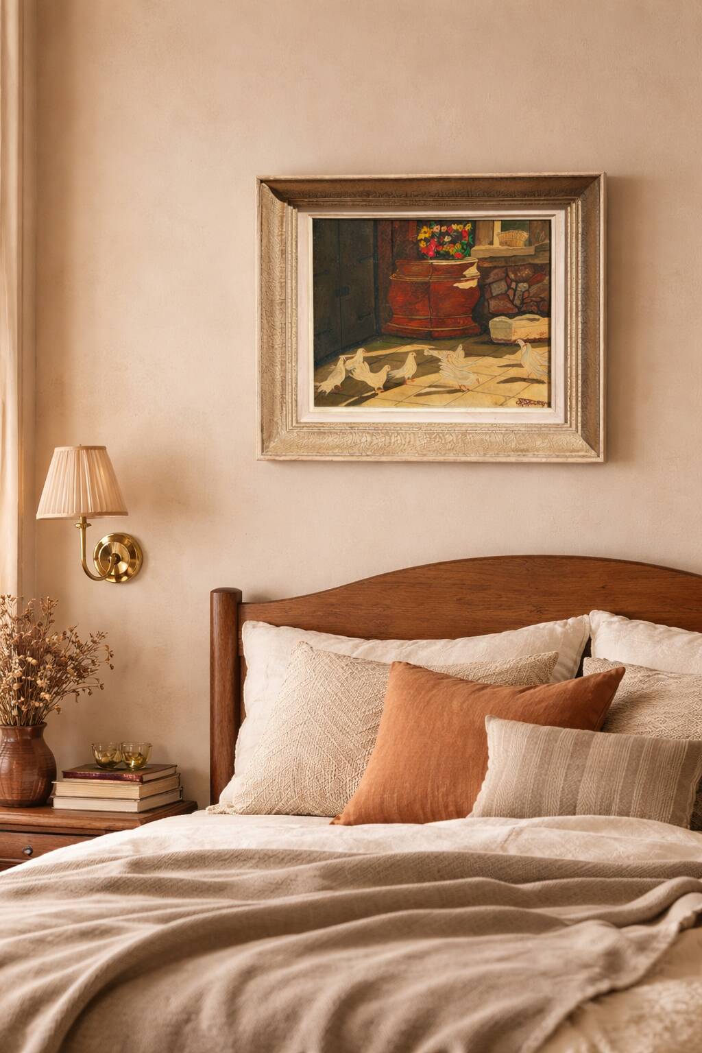 Signed Alphadery Painting – Doves in a Sunlit Courtyard, Antique Frame