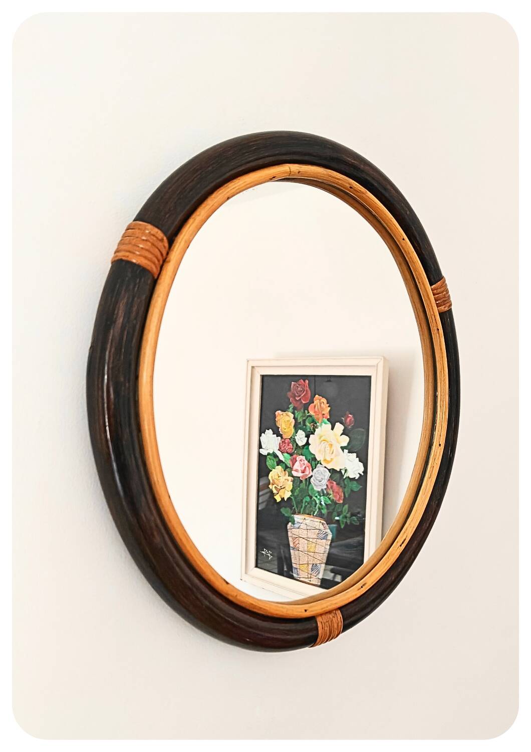 Miroir rond en bambou des années 1970