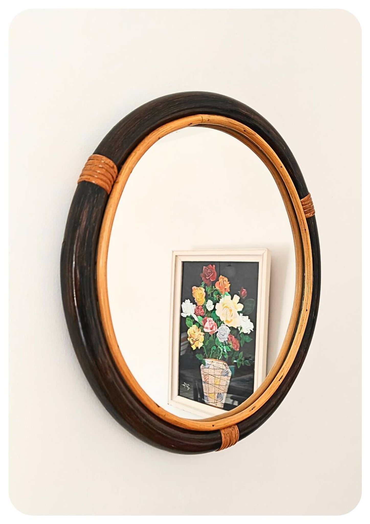 Miroir rond en bambou des années 1970