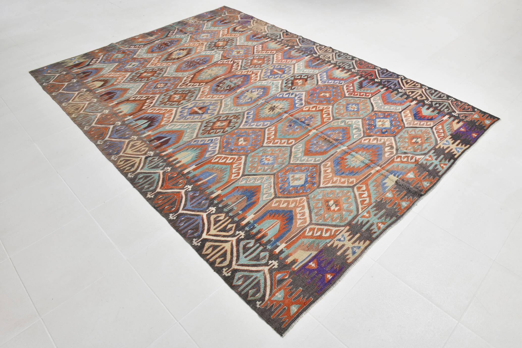 7x10 Green & Blue Geometric Pattern Kilim Rug, 222x303Cm