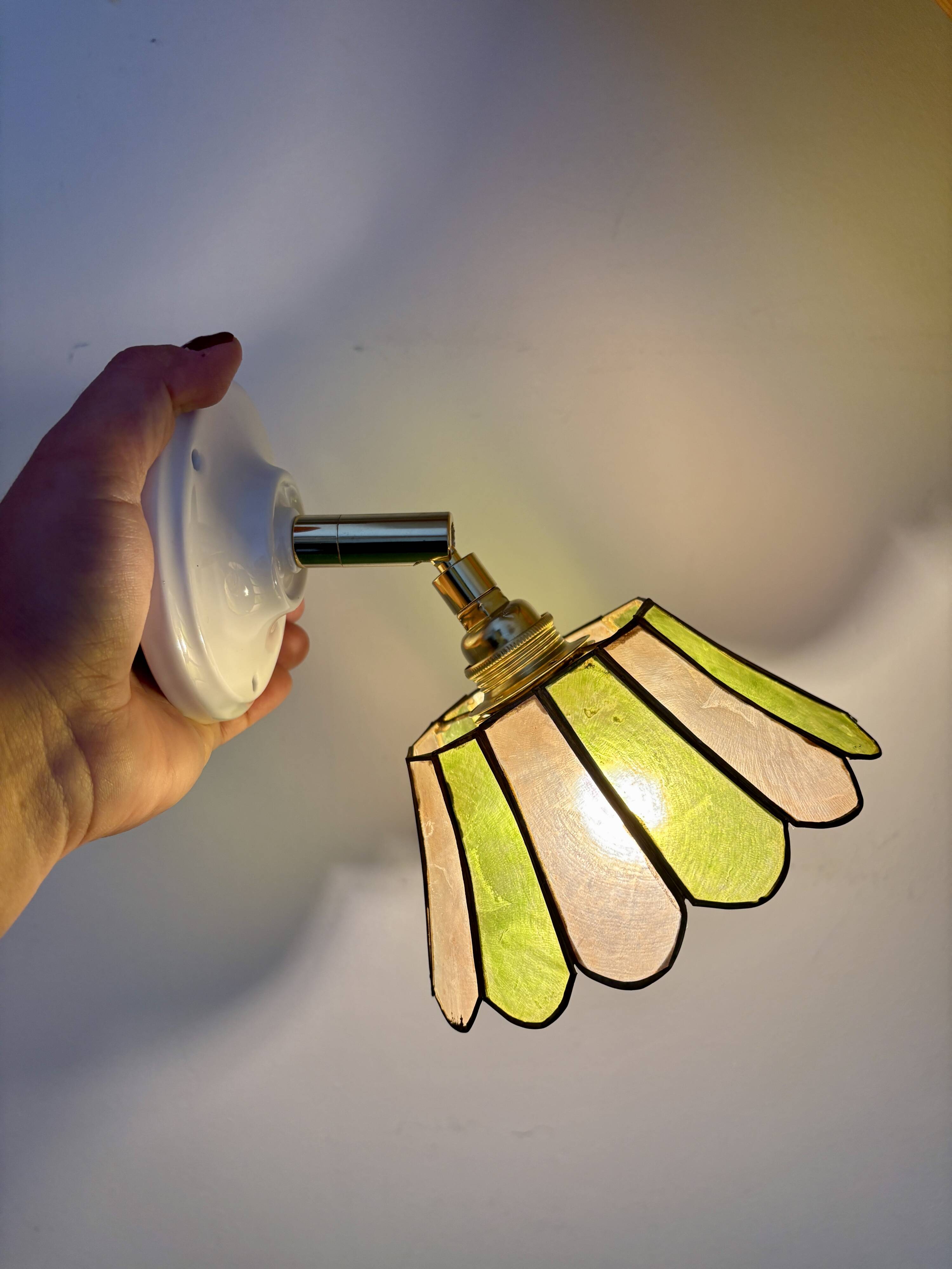 Vintage wall lamp with a green and pink mother-of-pearl lampshade