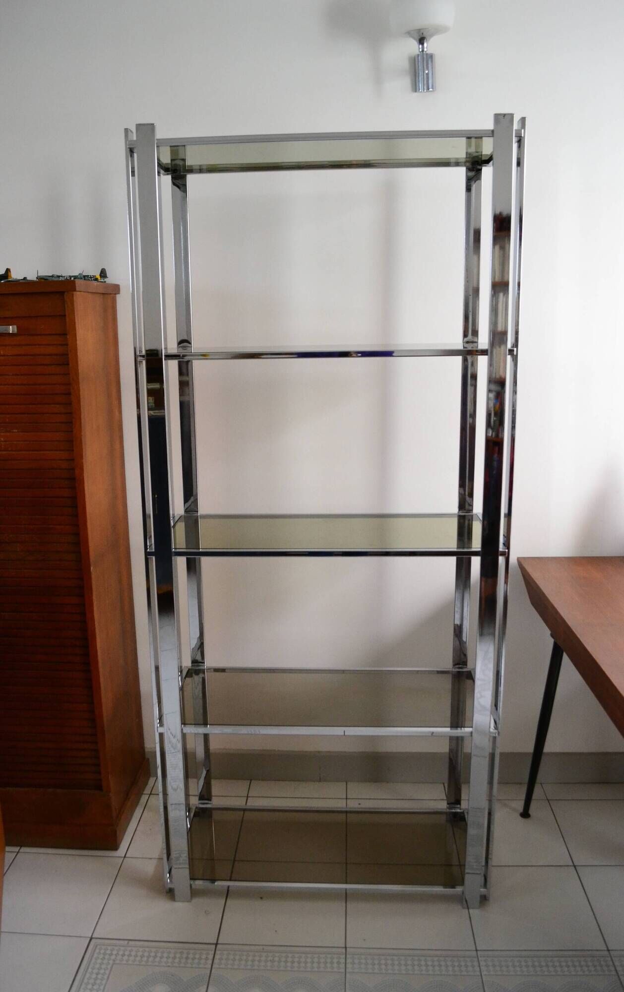 1970s smoked glass chrome bookshelf