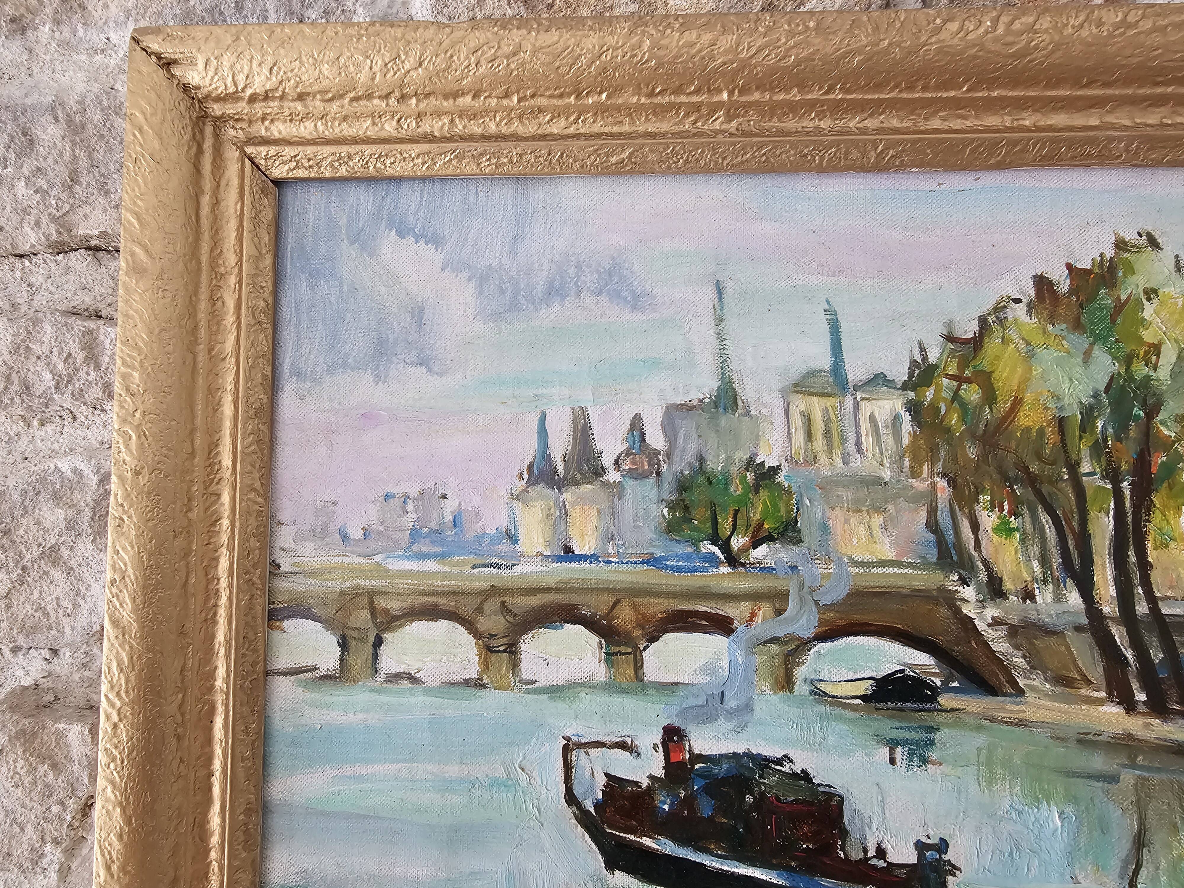 Oil Painting on Canvas Paris on the Seine - signed Raphael Pricert 1903 -