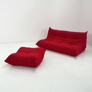 Togo 3-seater with red ottoman by Michel Ducaroy for Ligne Roset, 1970.