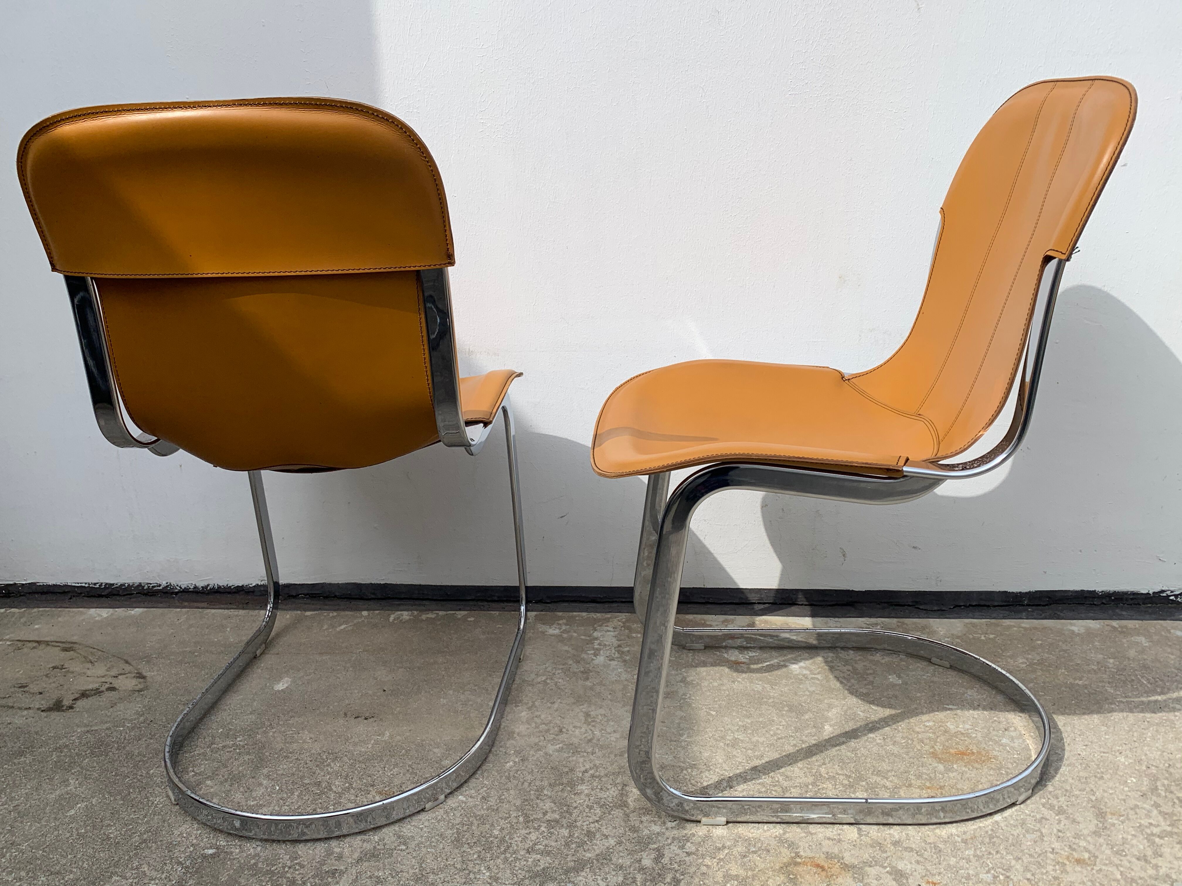 Lot 4 Italian chairs, Cidue camel leather and chrome 1970
