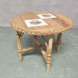 Round coffee table in japanese ceramic bamboo rattan 1960