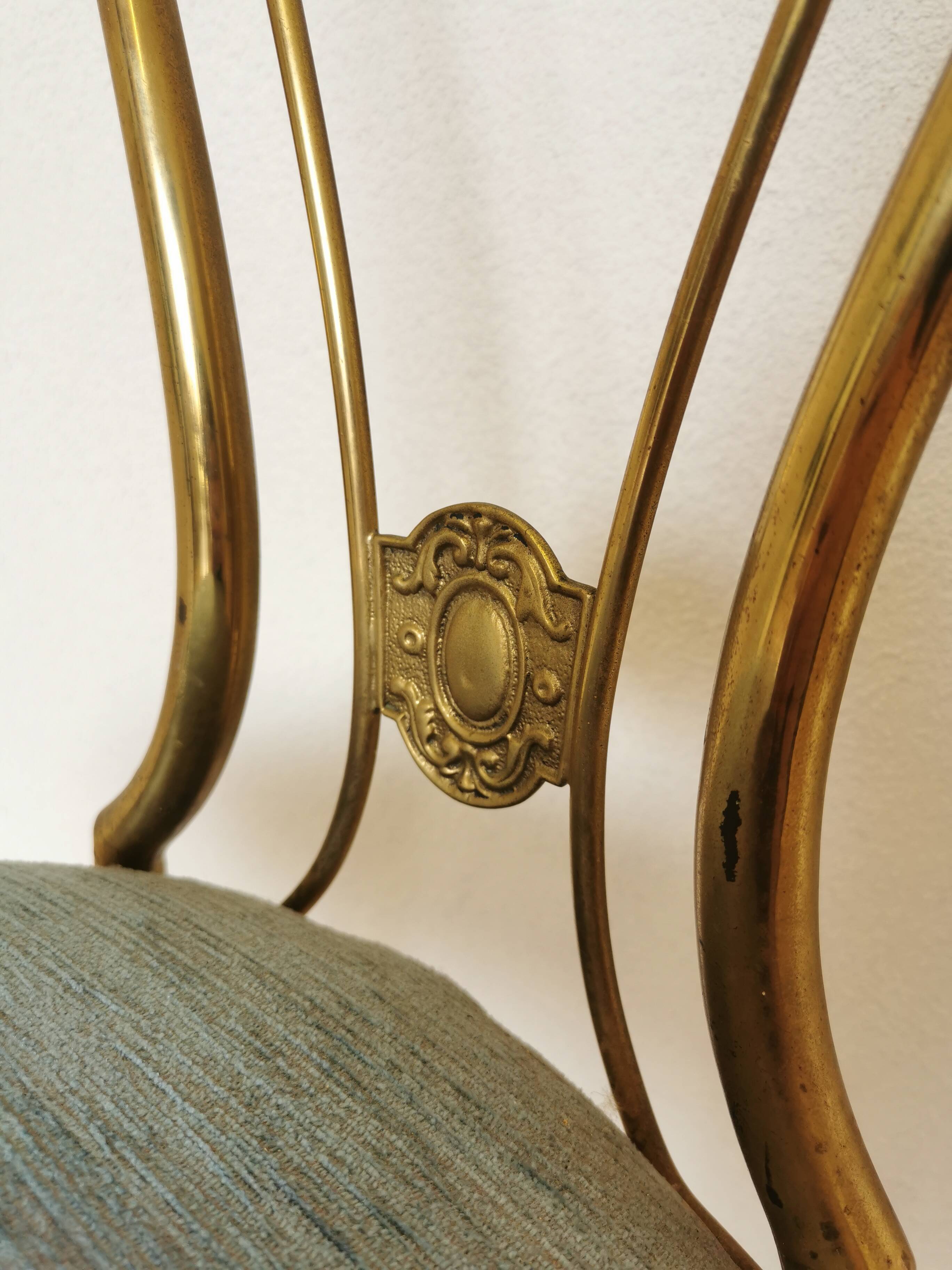 Vintage Paolo Buffa Brass Vanity Chair: Chiavari Style, Blue Fabric, 1950s