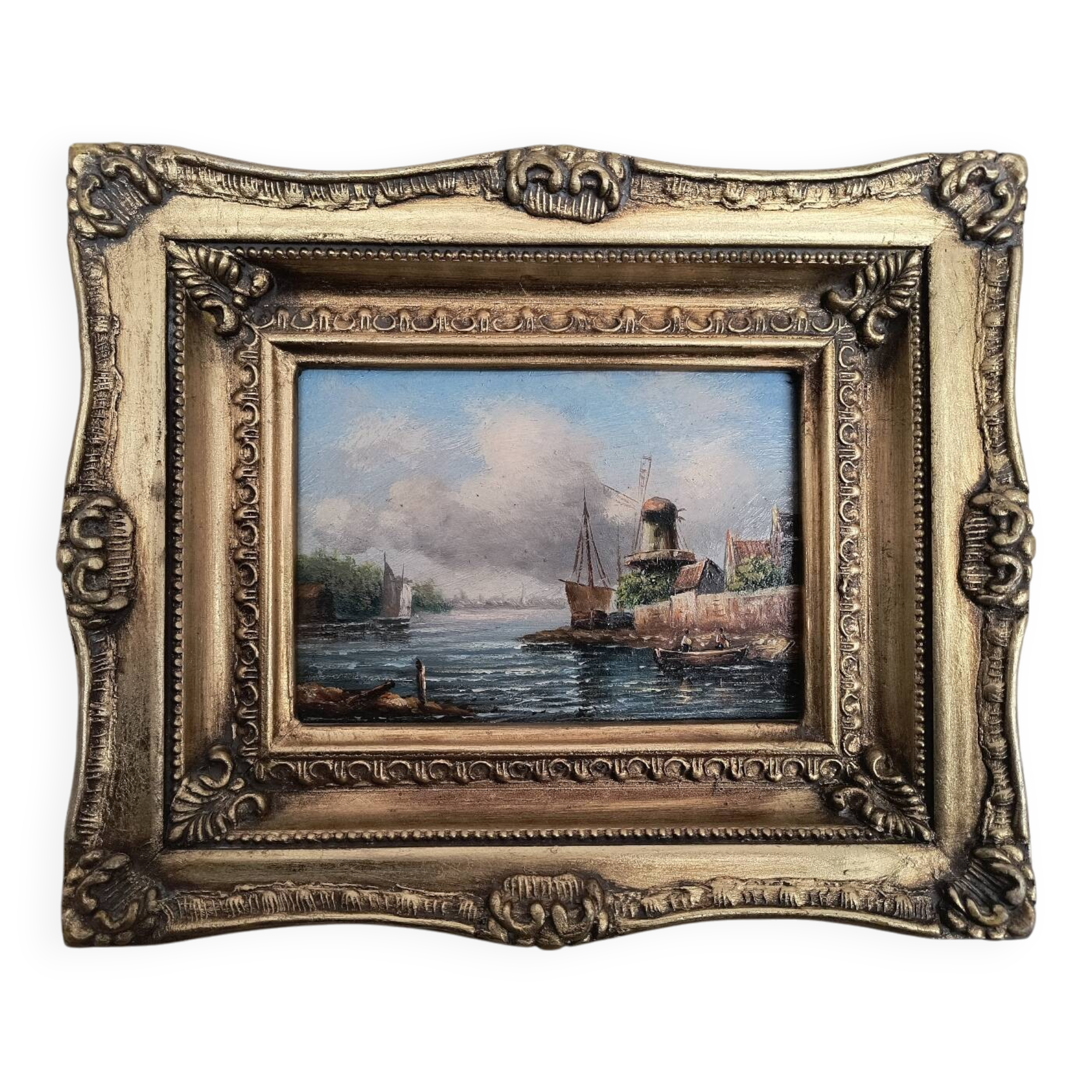 Oil on canvas, Dutch harbour landscape - Very ornate wooden frame