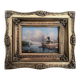 Oil on canvas, Dutch harbour landscape - Very ornate wooden frame