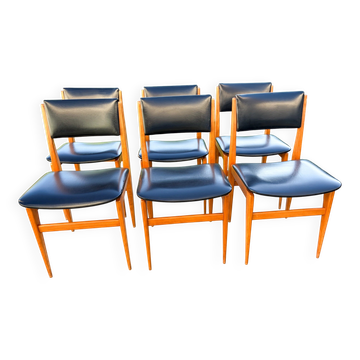 Suite de 6 chaises scandinaves en teck et skaï noir , des années 50'