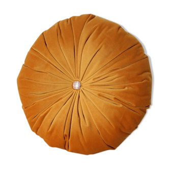 Mustard yellow round velvet cushion