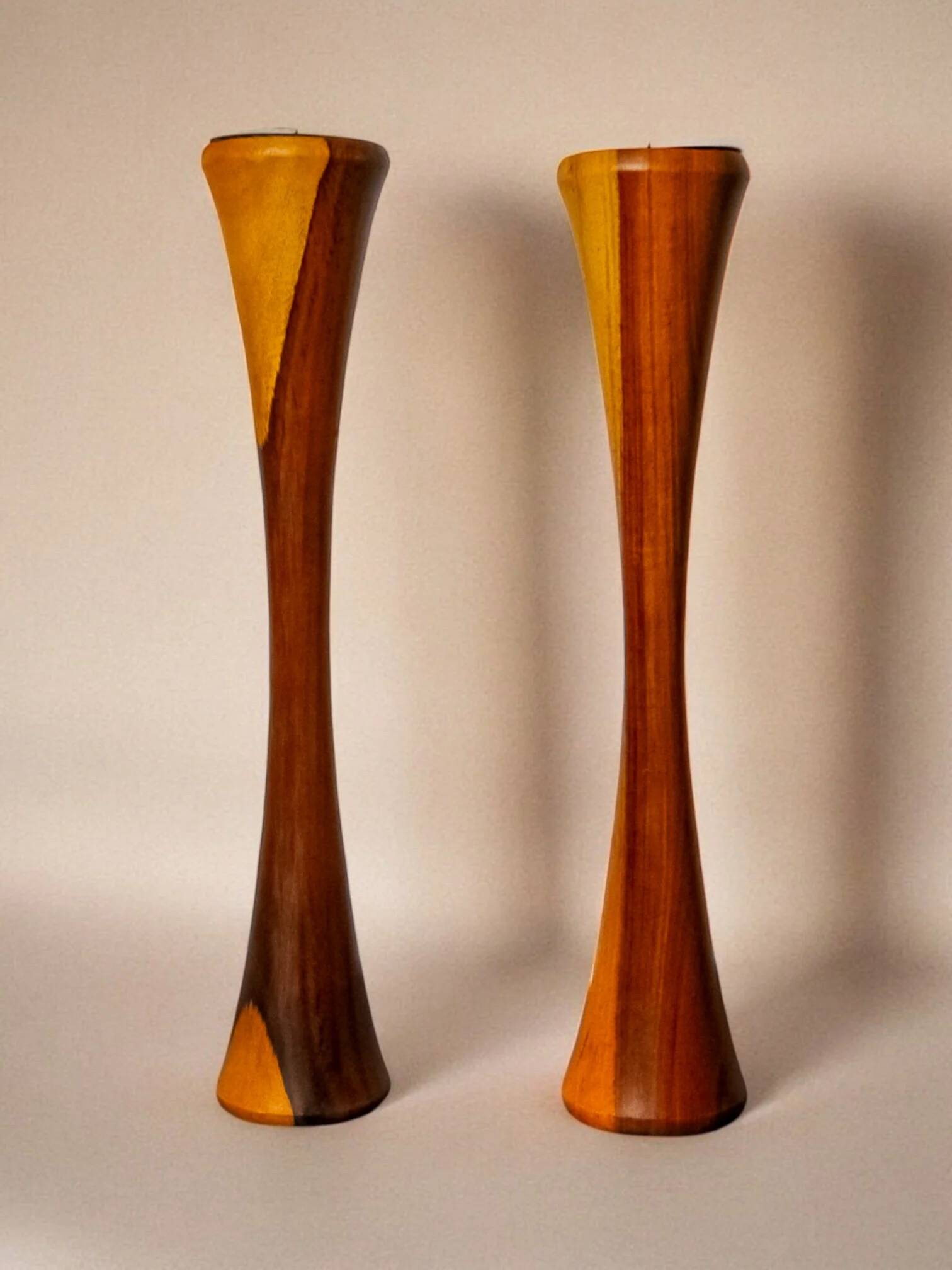 Pair of Scandinavian candleholders in wood, Denmark, 1980s