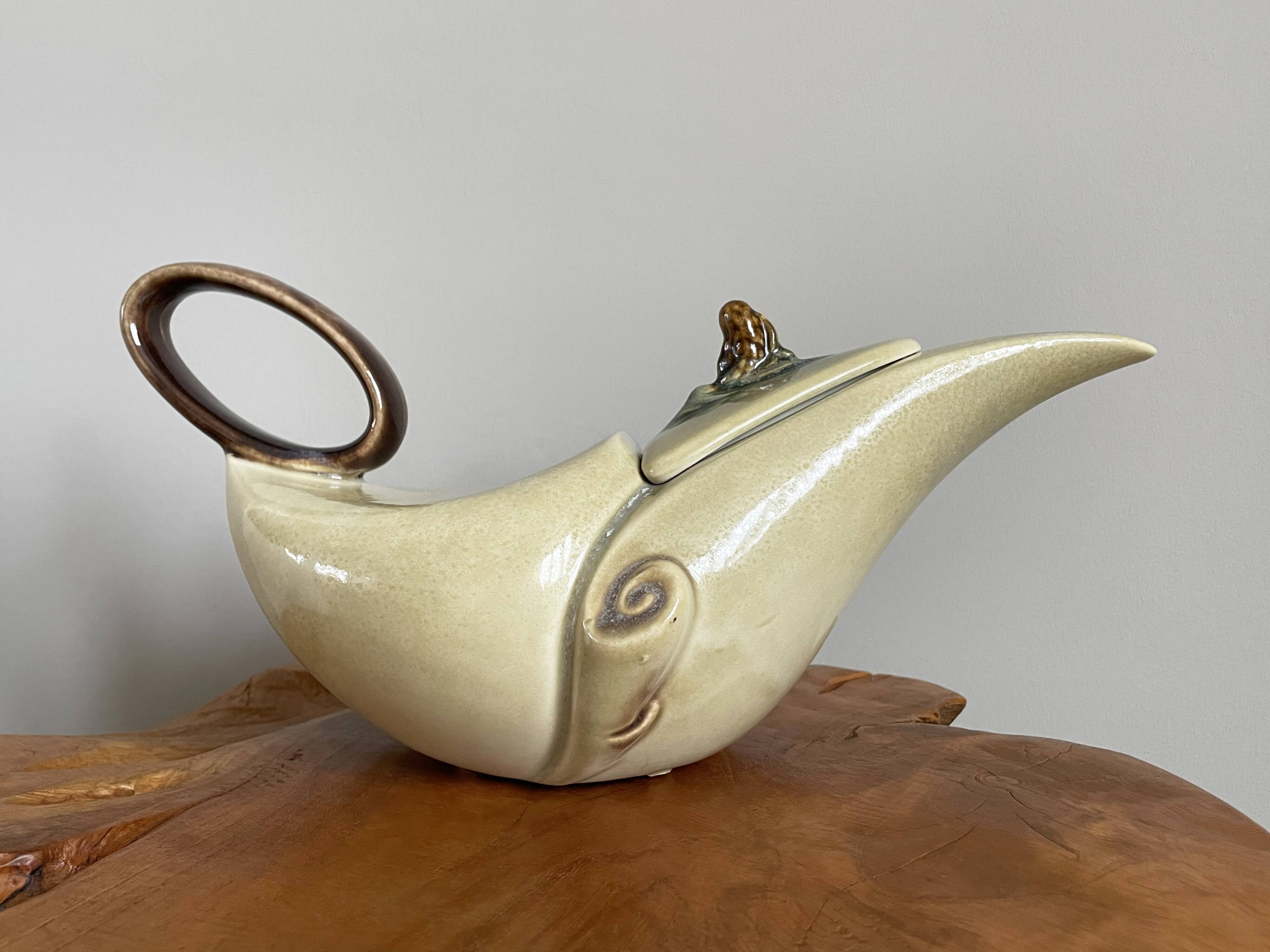 Hull pottery tea set parchment and pine, tea pot, creamer & sugar pot, american embossed majolica