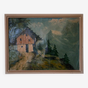 Oil on canvas mountain landscape with chalet 1940