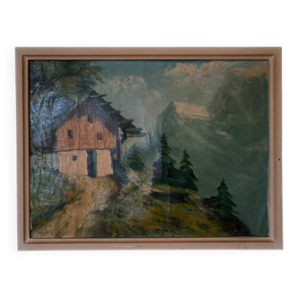 Huile sur toile paysage de montagne avec chalet 1940