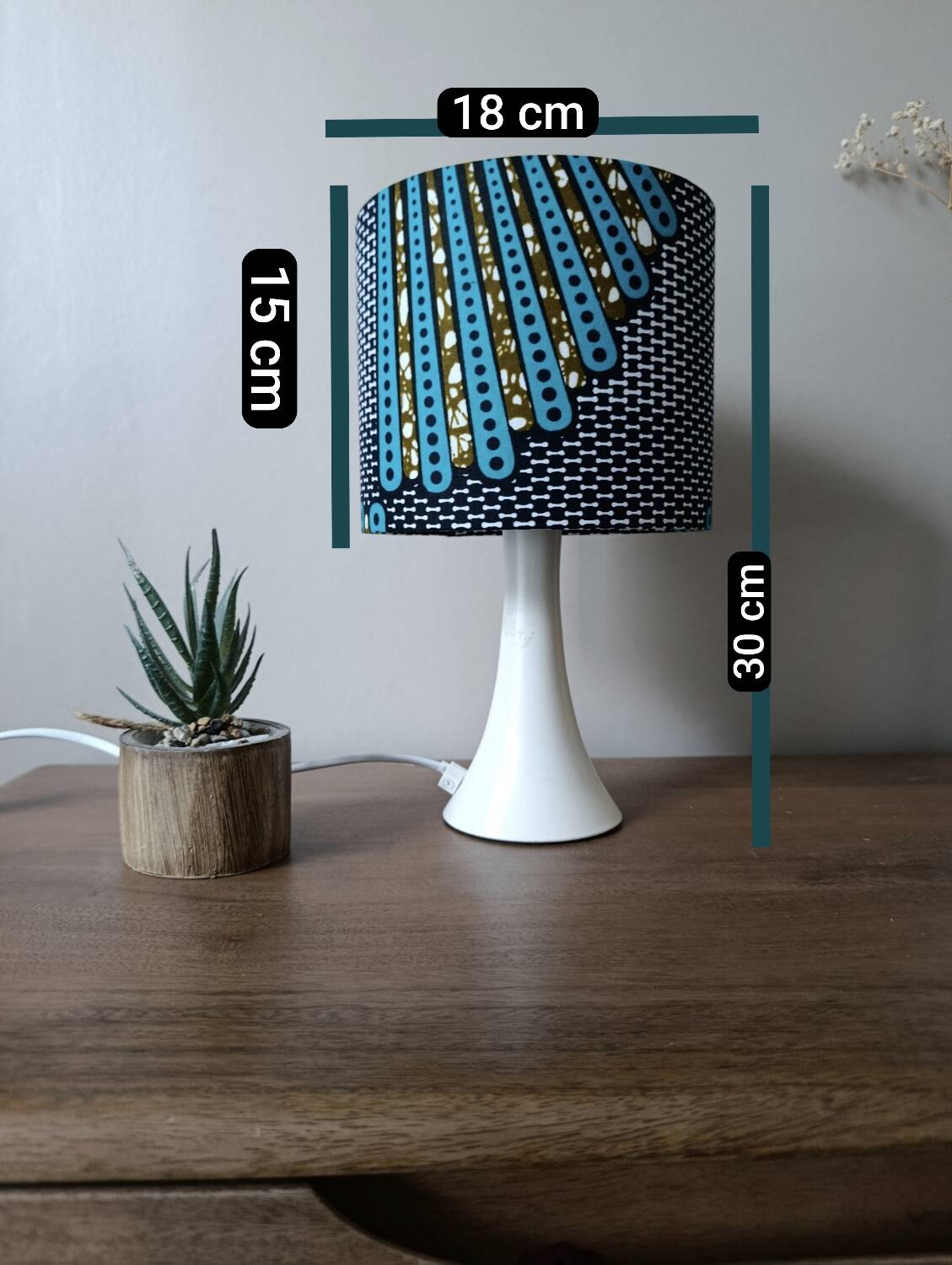 table lamp trumpet foot, modern graphic printed wax shade