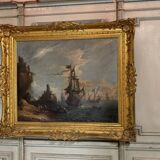 "View of a Busy Port" Oil on Canvas and its Frame, 18th Century