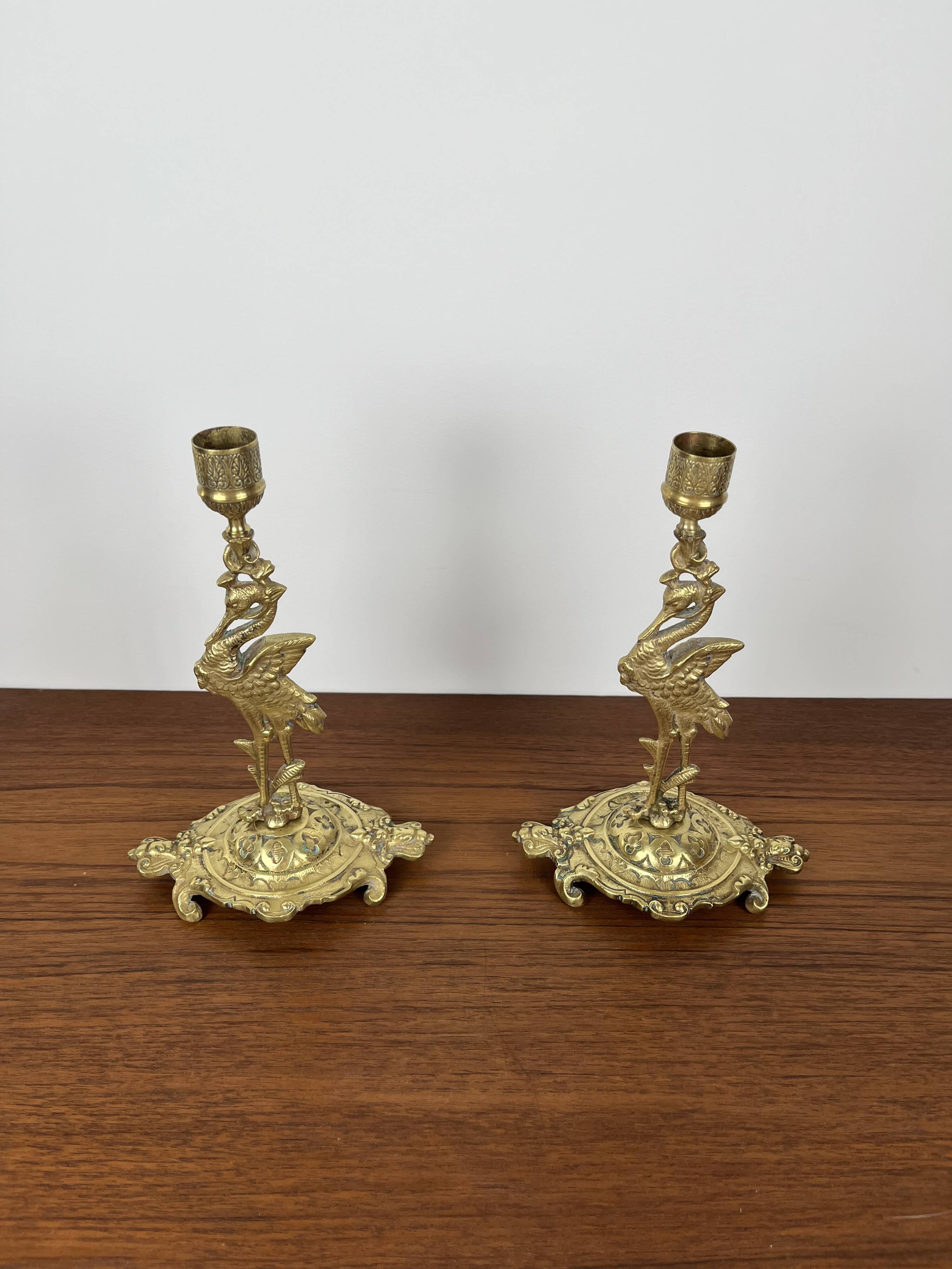 Pair of antique heron candlesticks in gilded brass – Orientalist Art Deco style