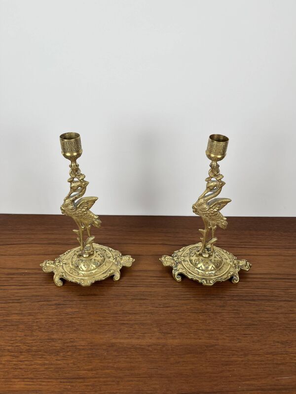 Paire de bougeoirs anciens héron laiton doré – style orientaliste Art déco