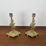 Pair of antique heron candlesticks in gilded brass – Orientalist Art Deco style