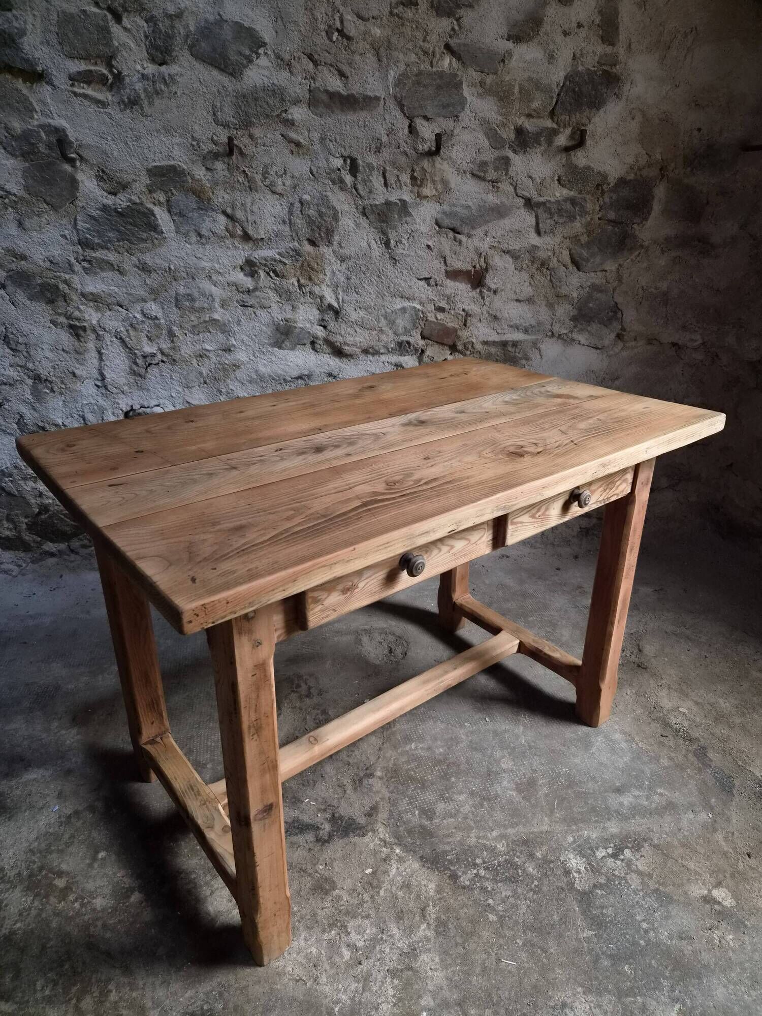 Vintage pine kitchen table or desk with two drawers – 1950s