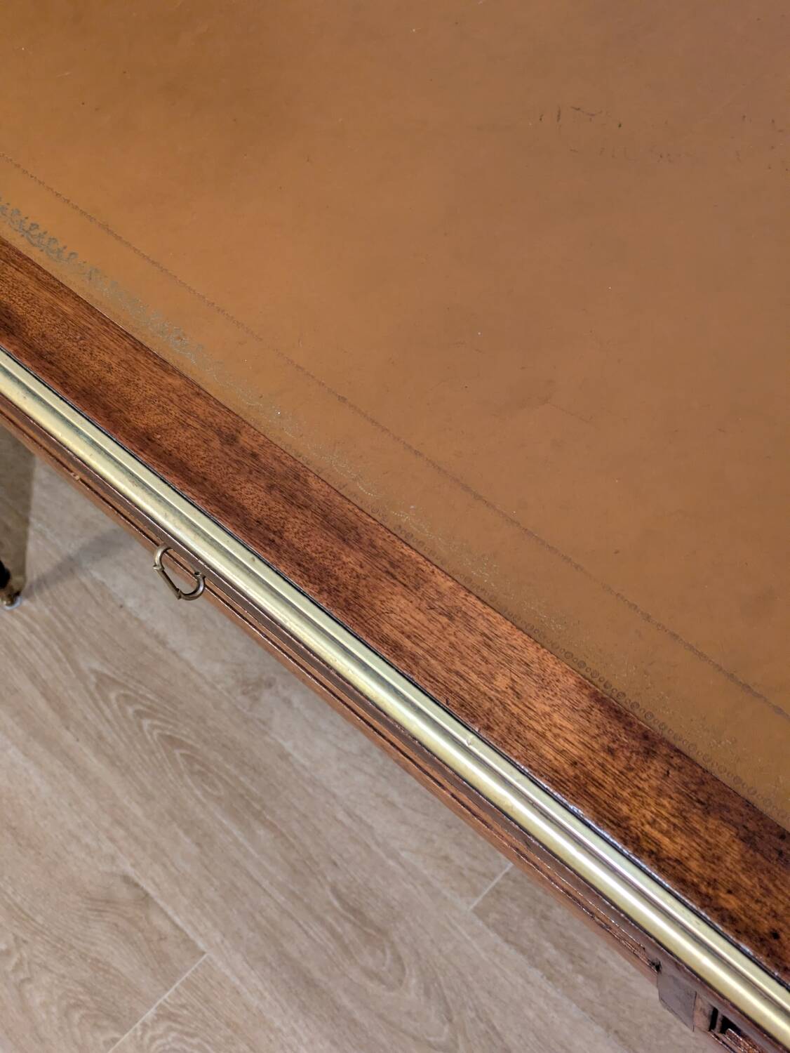 Antique Louis XVI style vintage desk, leather, brass, cherry wood