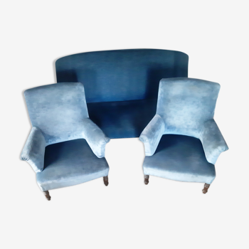 Sofa and its two vintage armchairs in blue velvet